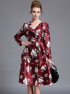 Élégente robe skater mode en polyester bordeaux impression croisé plissé col à revers