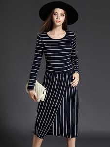 Magnifique robe droite mode en coton bleu foncé avec rayure fendu col rond