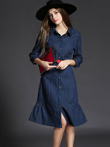 Fantastique robe droite mode en coton bleu avec rayure sirène et poches col à revers