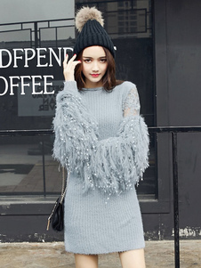 Populaire robe pull mode grise unicolore avec plume à demi-transparence col rond plein air