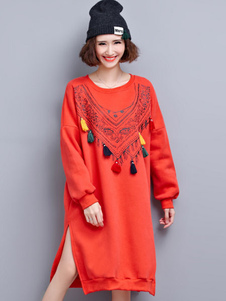 Élégente robe droite style éthnique en coton impression fendu col rond