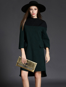 Populaire robe pull mode vert foncée bicolore fendue coupe asymétrique col ras du cou plein air