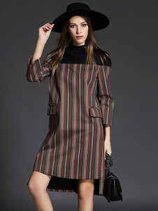 Fantastique robe droite mode en polyester avec rayure coupe asymétrique col ras du cou
