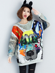 Sweater de sport en polyester gris imprimé animal col rond