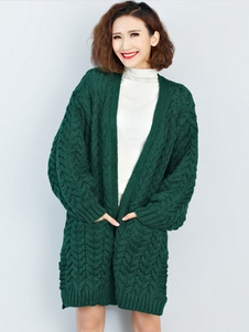 Charmant cardigan casual vert unicolore fendu col V ouverture avant manches longues