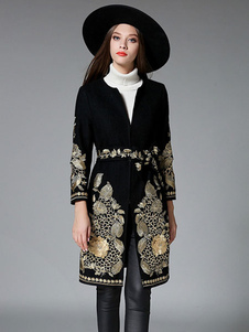 Adorable manteau d'hiver femme en laine noir unicolore avec ceinture col rond