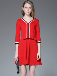 Éblouissante robe skater mode en coton avec rayure et passepoil col V