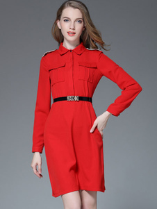 Fascinante robe droite mode en polyester rouge unicolore avec poches col à revers