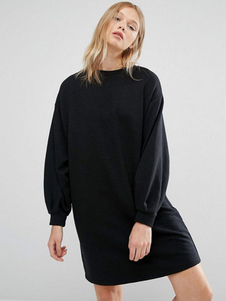 Fascinante robe droite casual en coton noir unicolore col ras du cou