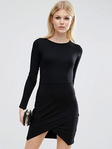 Attrayante robe bodycon en polyester noir col rond unicolore irrégulier