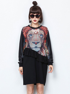 Magnifique robe droite casual en polyester noir imprimé animal à volants col rond