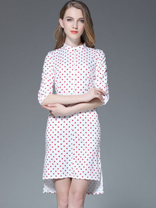 Fascinante robe droite mode en polyester à pois coupe asymétrique fendu col montant