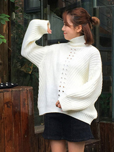 Doux pull pour femme casual blanc unicolore creusé manches longues