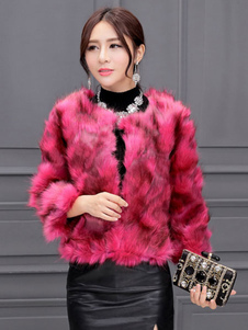 Manteau de fourrure de renard fourrure veste courte féminin Outwear Rose rouge en 3/4-Length manches