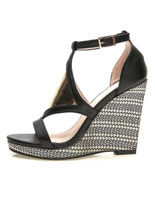 Sandales élégantes compensées ruban aux chevilles en cuir poncé bicolore