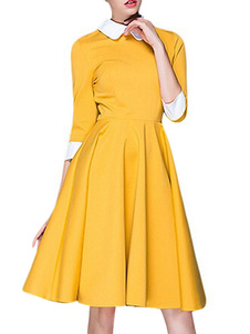 3/4 manches robe Vintage noir féminin Peter Pan col évasé rétro robe plissée