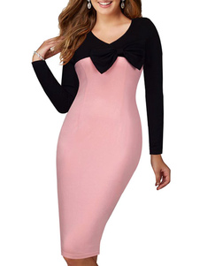 Fabuleuse robe bodycon en coton col rond bicolore avec noeud moulant