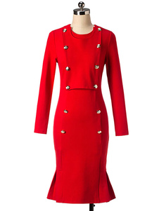 Fabuleuse robe bodycon en coton rouge col rond unicolore plissé sirène