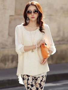 Blouse casual en chiffon blanc unicolore avec tricot surdimensionné