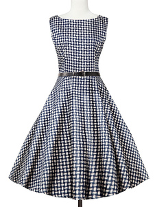 Robe vintage fabuleuse noire rétro impression avec ceinture col rond moulante quotidienne