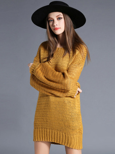 Robe pull charmante moyenne casual jaune unicolore surdimensionné col rond manches casaque quotidien