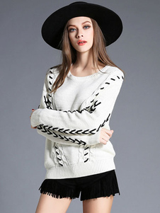 Populaire pull-over féminin casual blanc bicolore surdimensionné manches casaque manches longues