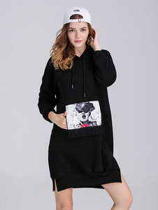 Belle robe droite casual en coton noir impression surdimensionné avec poches à capuche