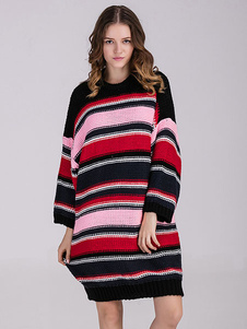 Magnifique robe pull moyenne casual noire avec rayure surdimensionné col rond quotidienne