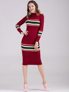 Fascinante robe pull moyenne casual avec rayure moulante col montant manches casaque quotidienne