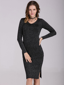 Robe pull charmante moyenne casual noire unicolore fendue moulante col V quotidienne