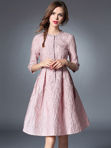 Attrayante robe skater mode en acétate de cellulose rose unicolore plissé plissé col rond