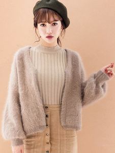 Cardigan féminin casual kaki unicolore col V ouverture avant manches casaque manches longues