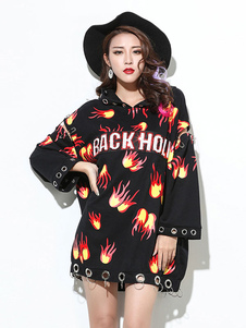 Fabuleuse robe droite casual en coton noir impression surdimensionné avec cabillot à capuche