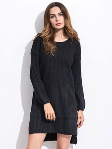 Robe pull charmante moyenne casual unicolore fendue devant court et derrière long col rond quotidien
