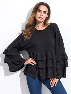 Blouse casual en coton noir unicolore à volants multicouche