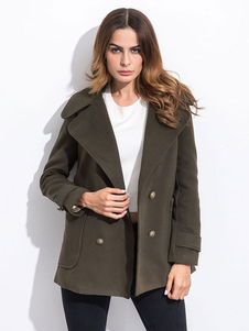 Chic manteau d'hiver femme en gabardine unicolore avec poches ouverture avant revers cranté