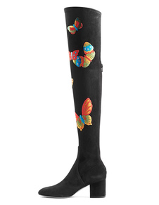 Cuissardes chic à talons épais en daim noir unicolore Zip avec applique en peluche courte artificiel