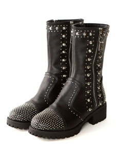 Bottes mi-mollet noires Zip à bout rond en cuir unicolore