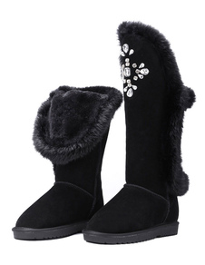 Bottes Talon plat en cuir poncé unicolore en fausse fourrure