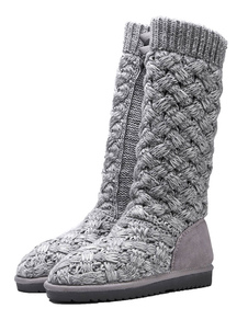 Bottes femme Talon plat en laine à tricoter unicolore avec crochet