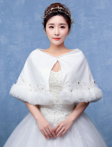 Boléro de mariage en fausse fourrure ivoire Boucle de fermoir avec dentelle