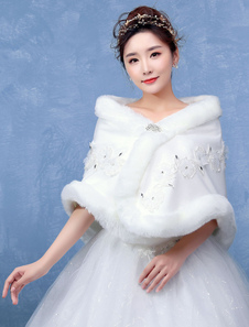 Boléro de mariage en fausse fourrure ivoire Boucle de fermoir avec dentelle