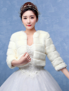 Boléro de mariage en fausse fourrure ivoire ouvert devant en fausse fourrure