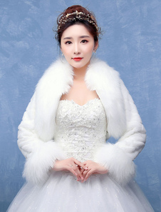 Boléro de mariage en fausse fourrure ivoire ouvert devant en fausse fourrure