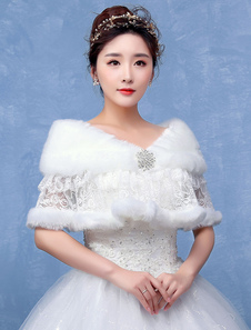 Boléro de mariage en fausse fourrure ivoire Boucle de fermoir avec dentelle