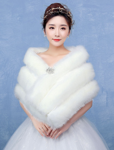 Boléro de mariage en fausse fourrure ivoire Boucle de fermoir en fausse fourrure