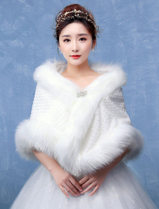 Boléro de mariage en fausse fourrure ivoire Boucle de fermoir en fausse fourrure