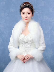 Boléro de mariage en fausse fourrure ivoire ouvert devant en fausse fourrure