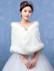 Boléro de mariage en fausse fourrure ivoire Boucle de fermoir en fausse fourrure