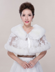 Boléro de mariage en fausse fourrure ivoire à lacets en fausse fourrure